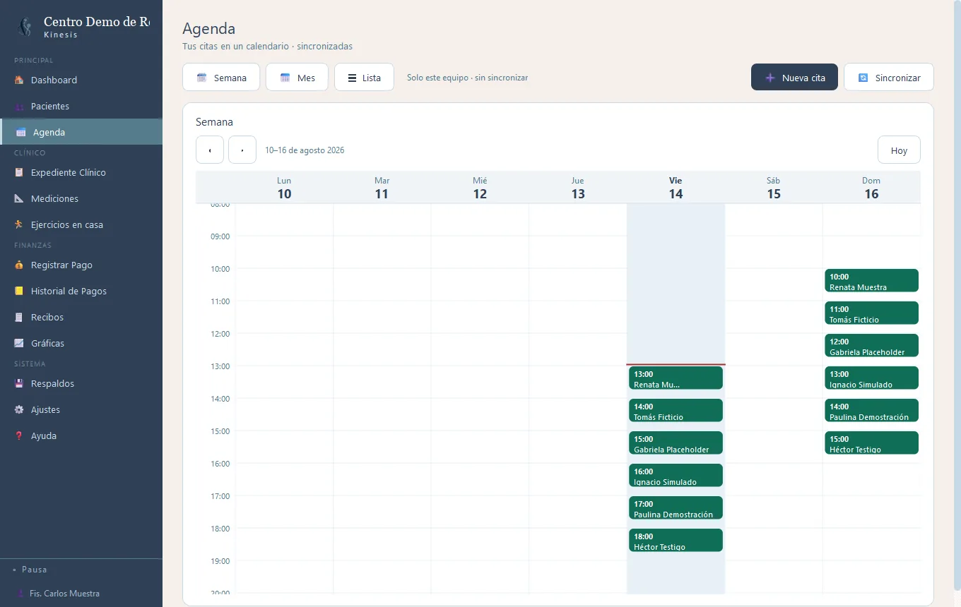 Agenda semanal de Santé Kinesis con las sesiones organizadas en bloques