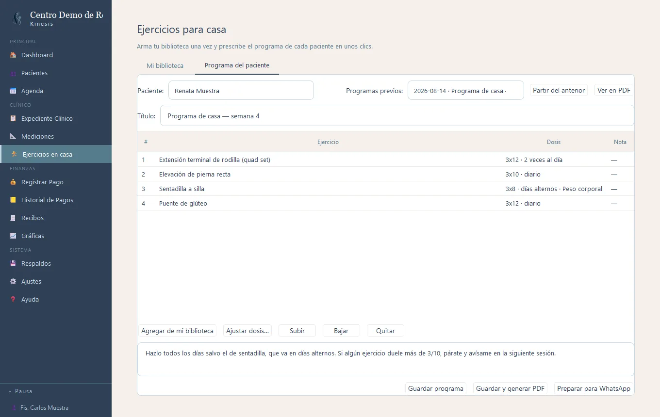 Programa de ejercicios para casa en Santé Kinesis con cuatro ejercicios, sus dosis y el botón de preparar para WhatsApp