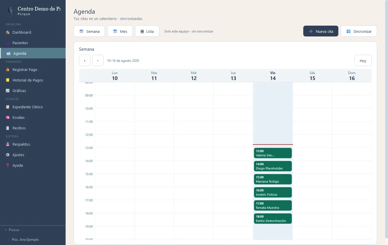 Agenda semanal de Santé Psique con las sesiones organizadas en bloques