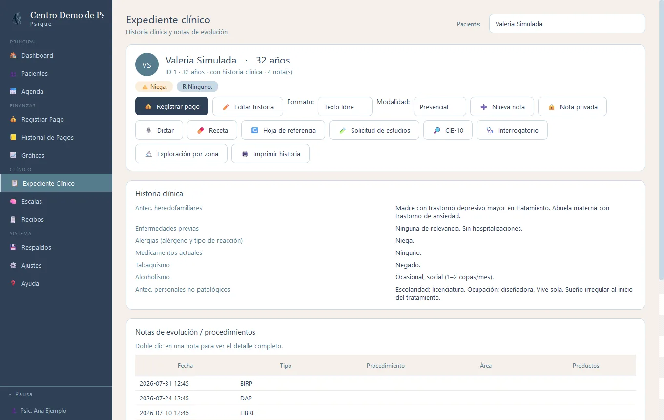 Expediente clínico en Santé Psique con historia clínica y notas de evolución en formatos BIRP, DAP y libre